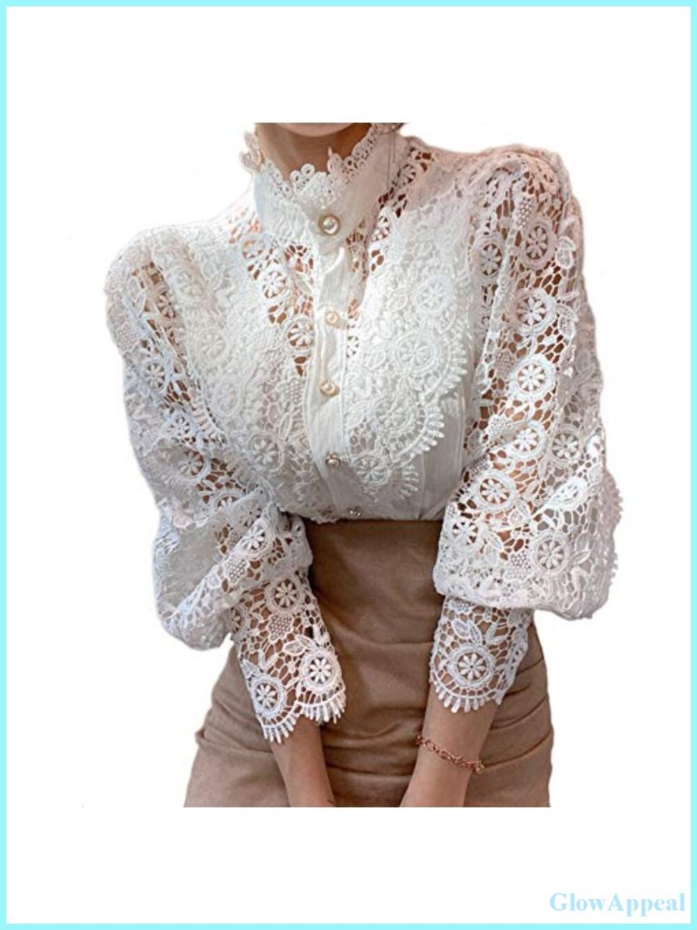 Elegant Lace Trim Victorian Blouse Long Sleeve Button Down Puff Sleeve